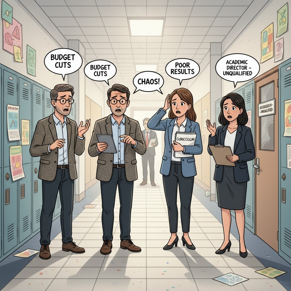 Teachers expressing concerns about unqualified academic directors in a school corridor