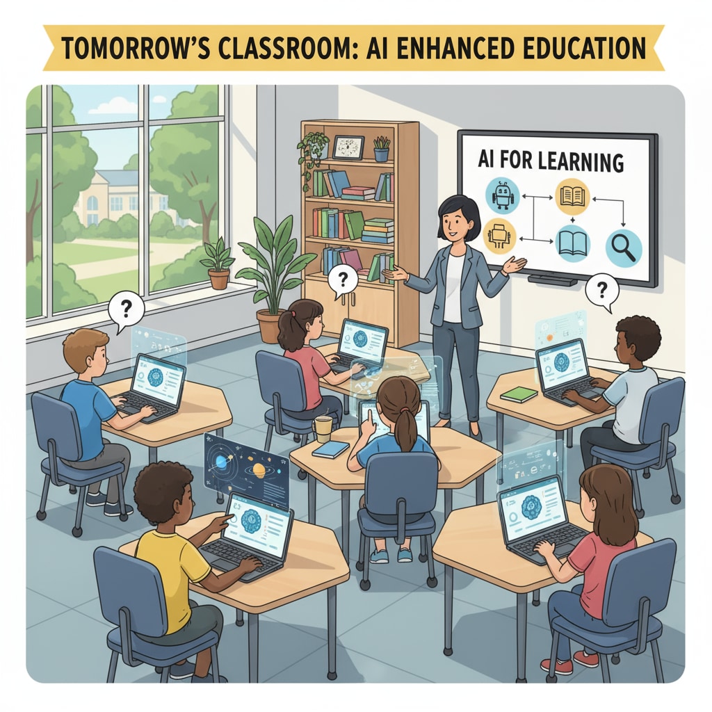 Students using AI tools in a K12 classroom for artificial intelligence education and critical thinking development