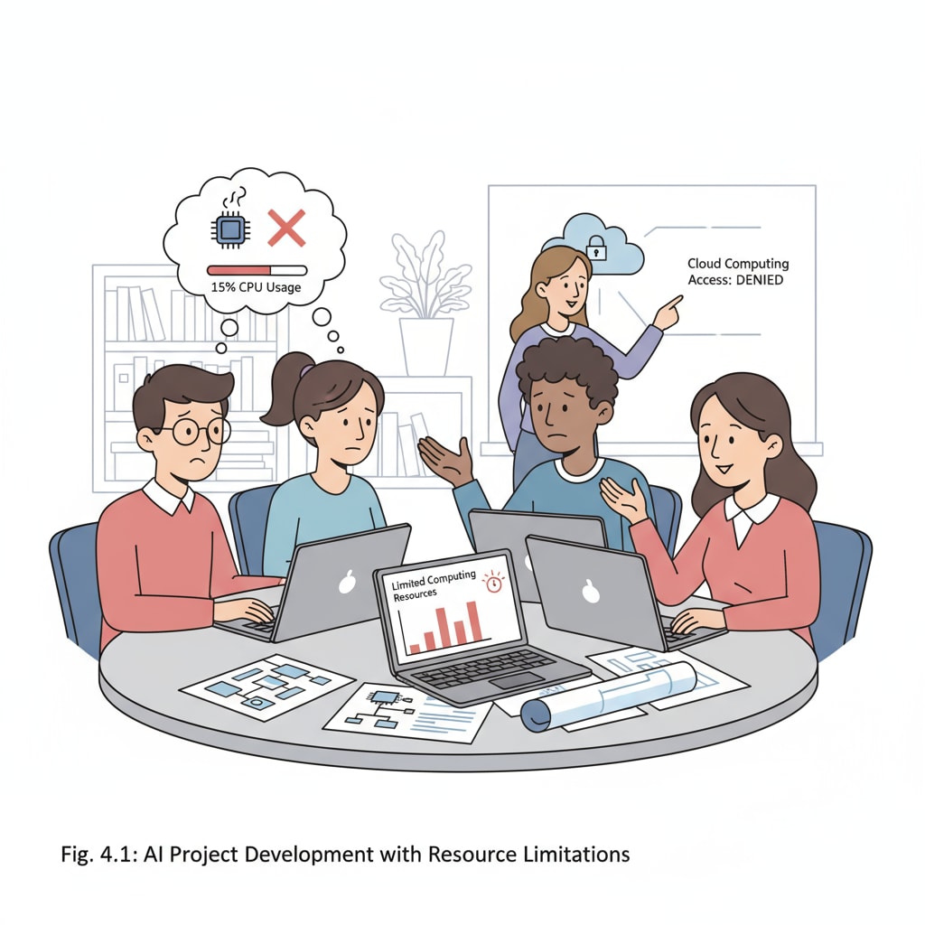 A group of students are sitting around a table, discussing an AI project. Some of them are looking at laptops with limited computing specifications, showing signs of concern about resource constraints. Students discussing AI projects with limited computing resources