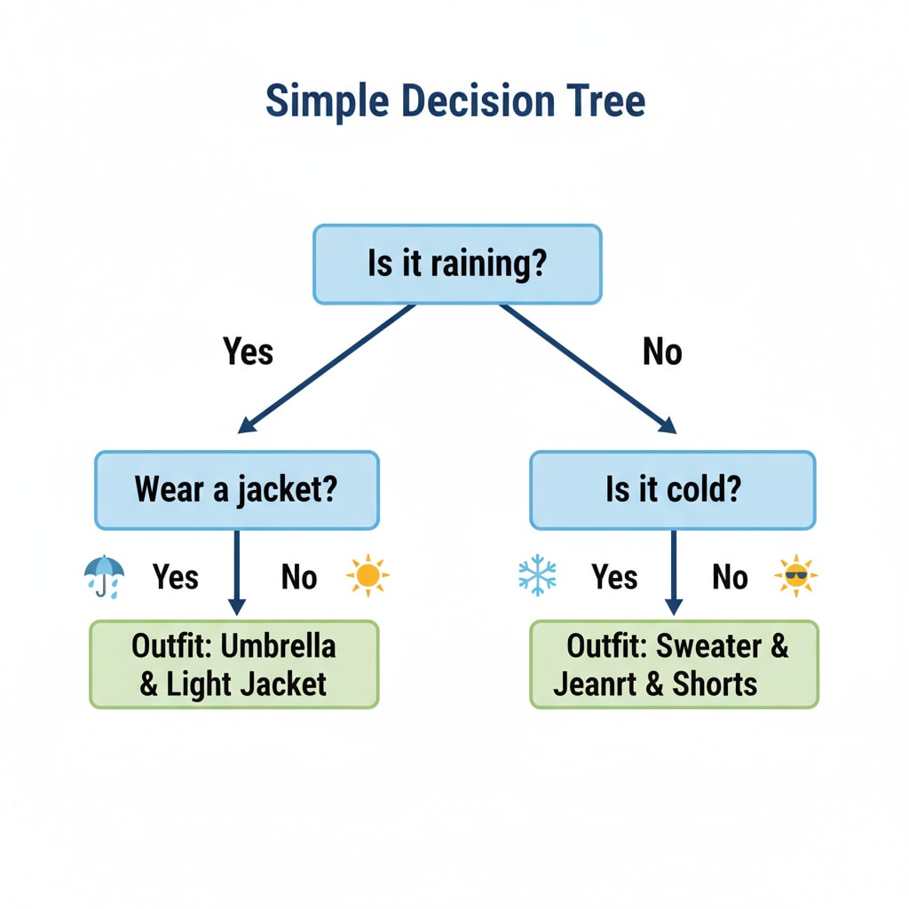 A visual diagram of a simple decision tree. The tree has nodes representing different decision points based on input features and branches leading to different classification results. Illustration of a simple decision tree for an AI classification project