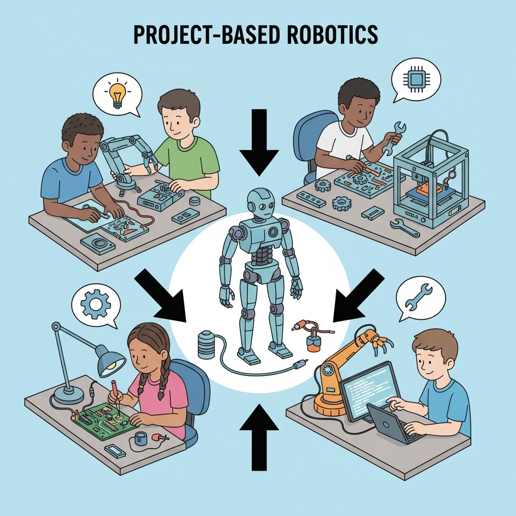 Students collaborating on a robot project, with each person contributing to different parts of the project, highlighting the project - based learning aspect. Students working together on a robot project, demonstrating teamwork in beginner robot courses.