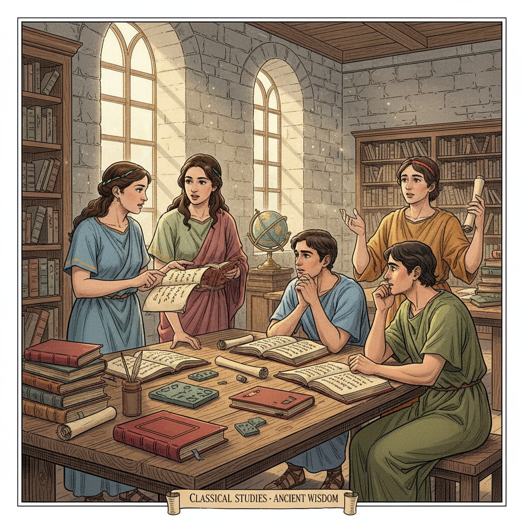 Students engaged in classical literature study in a traditional educational environment