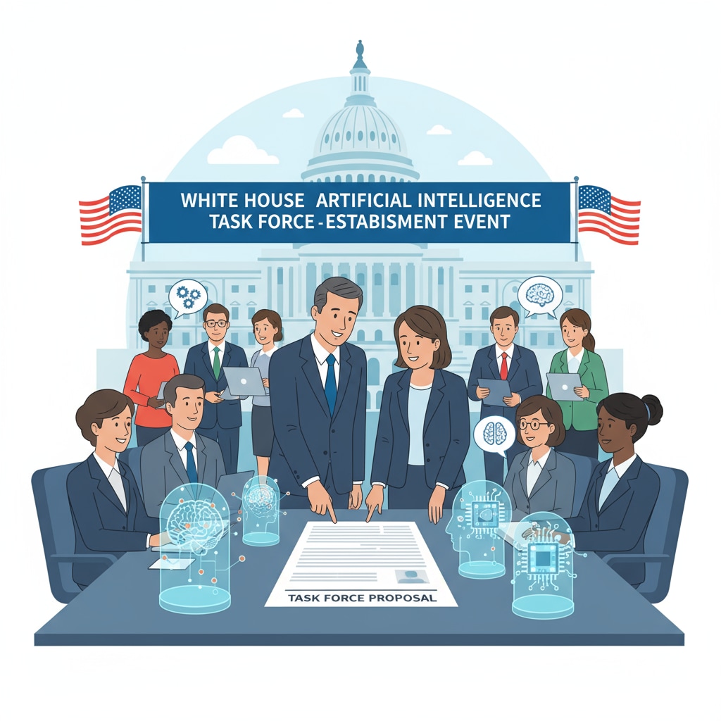 Melania Trump and Barron are seen at an event where they are discussing and promoting the establishment of the White House Artificial Intelligence Task Force. There are some documents and models related to AI on the table. Melania Trump and Barron promoting the White House Artificial Intelligence Task Force