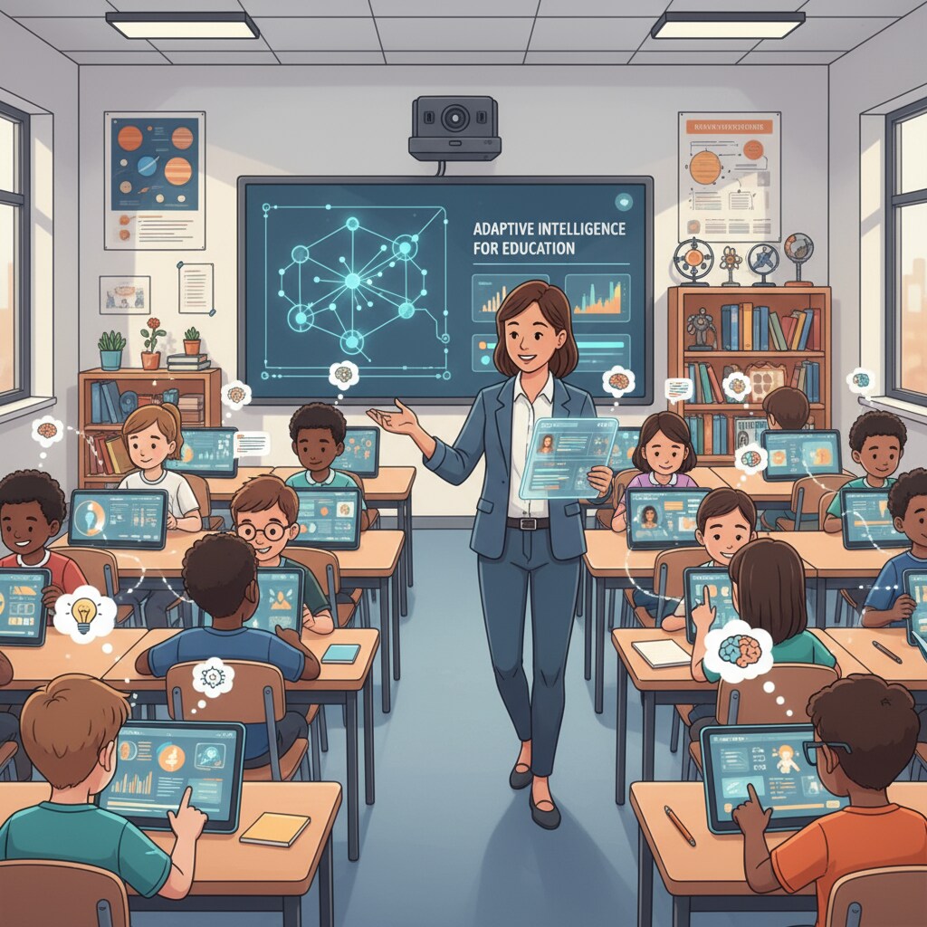 A classroom scene where students are using tablets or other devices with AI - enabled educational software. The teacher is walking around, observing the students' learning progress. Students in a K12 classroom using AI - enabled learning devices