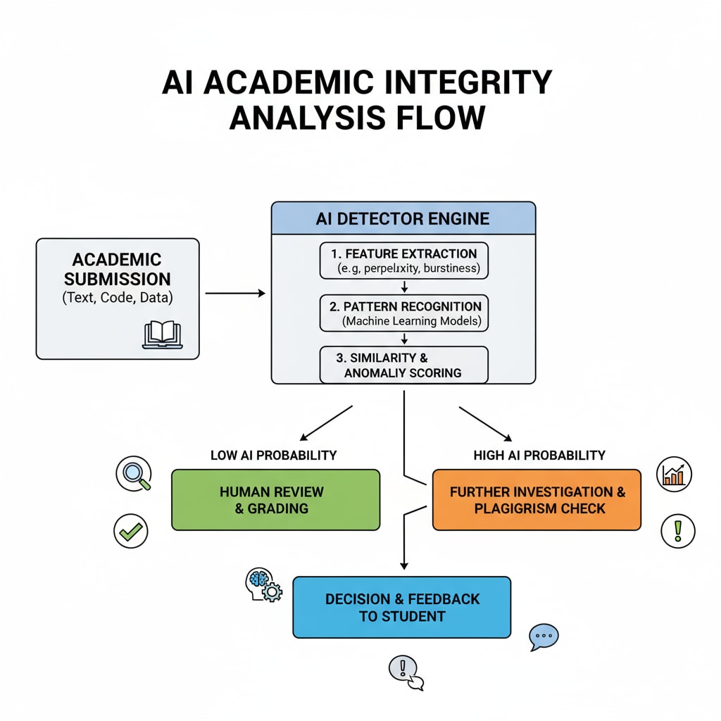 An illustration showing a process flow where an AI detector analyzes academic work for potential AI use, with arrows indicating different steps of the analysis. AI detector analyzing academic work for signs of AI use in relation to academic integrity and false alarms