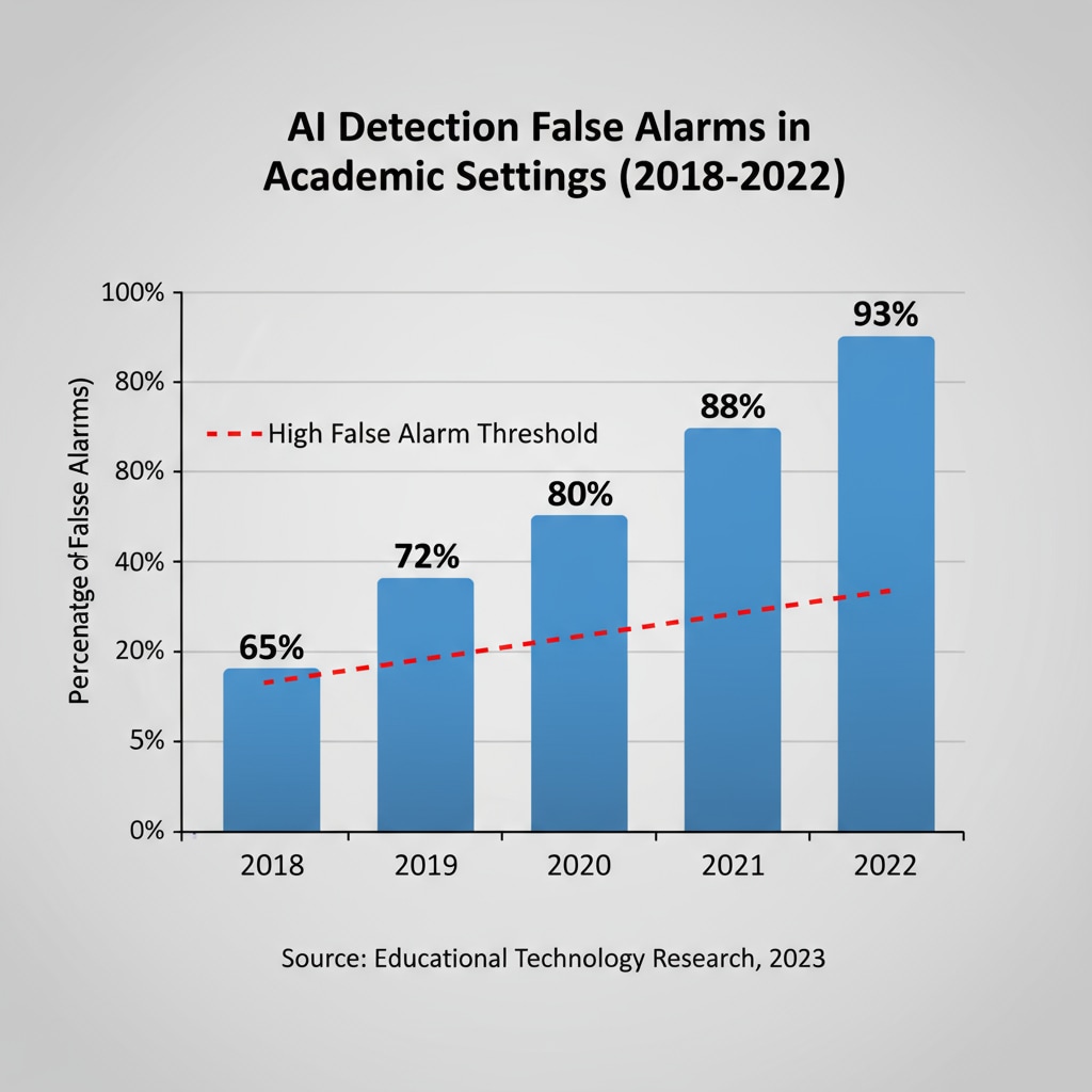 A graph with bars showing the high percentage of false alarms in AI detection within academic settings over a period of time. Graph depicting the high rate of false alarms in AI detection relevant to academic integrity and AI detectors