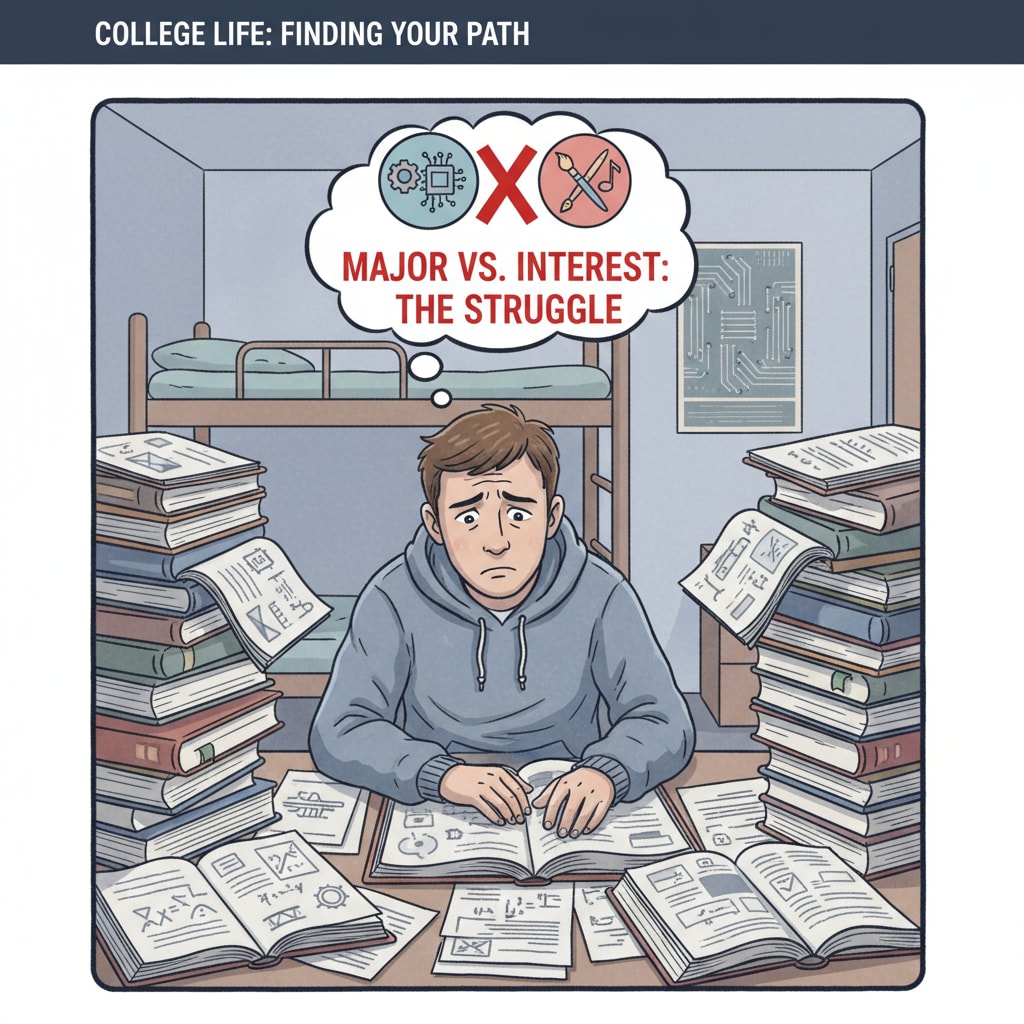 A student sitting at a desk, surrounded by textbooks, with a worried expression on their face, indicating the stress caused by the mismatch between major and interest in college life. Student under pressure due to learning motivation and professional interest problems in college