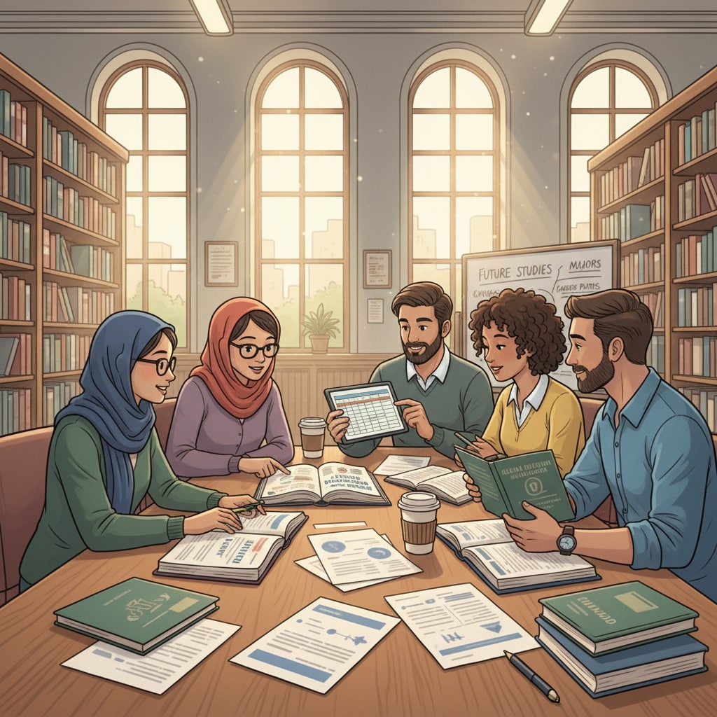 A group of students are having a discussion in a library, looking at books and papers related to education options. Students discussing degree completion, credit transfer, and continuing education options in a library