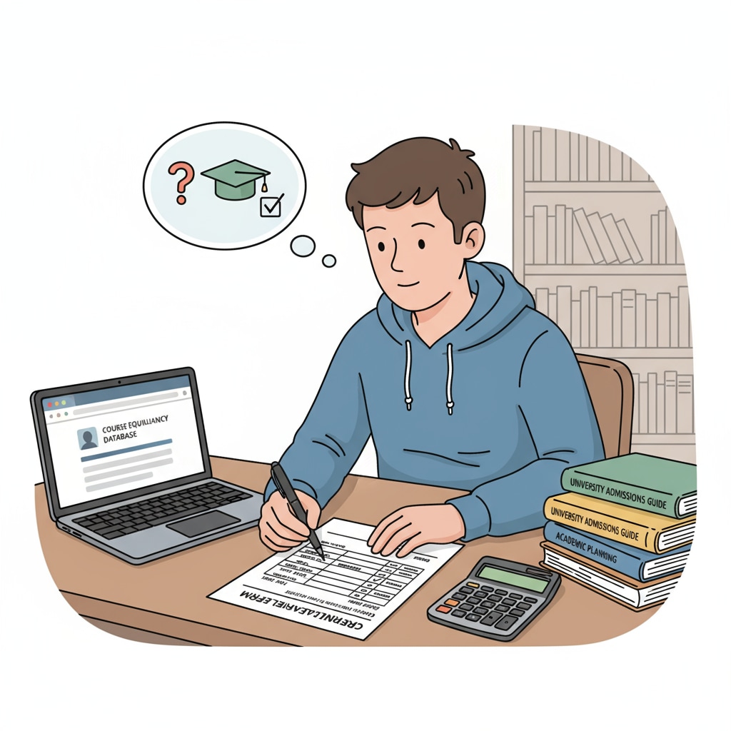 A student is sitting at a desk, carefully reviewing a credit transfer evaluation form, with a pen in hand and a calculator nearby. Student reviewing degree completion, credit transfer, and continuing education related credit transfer evaluation form