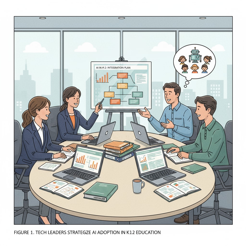 A group of tech company representatives are sitting around a conference table, discussing plans to integrate AI into K12 education. Documents and laptops are on the table, showing relevant data and presentations. Tech companies' efforts to integrate artificial intelligence in K12 education