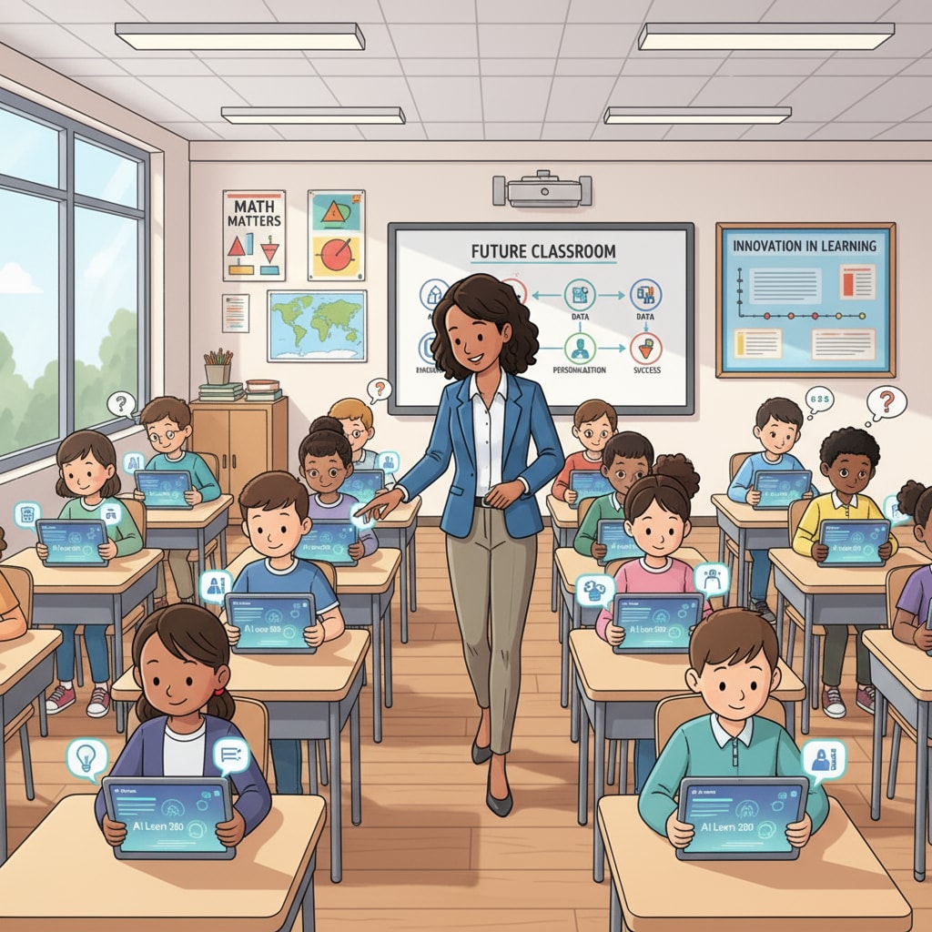 In a classroom, students are sitting at their desks, using tablets with AI-assisted learning software. The teacher is walking around, observing and guiding the students. Students using AI applications in a K12 classroom