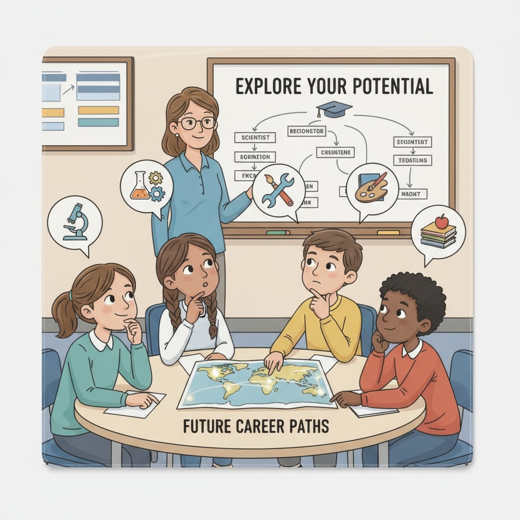 A group of K12 students sitting in a classroom, looking thoughtful as they discuss their future career paths. K12 students discussing career choices amidst confusion about high salaries and personal interests.
