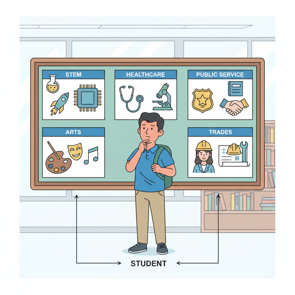 A student standing in front of a bulletin board with different career paths depicted. Student facing career path options, showing signs of confusion between high salary and personal interest choices.
