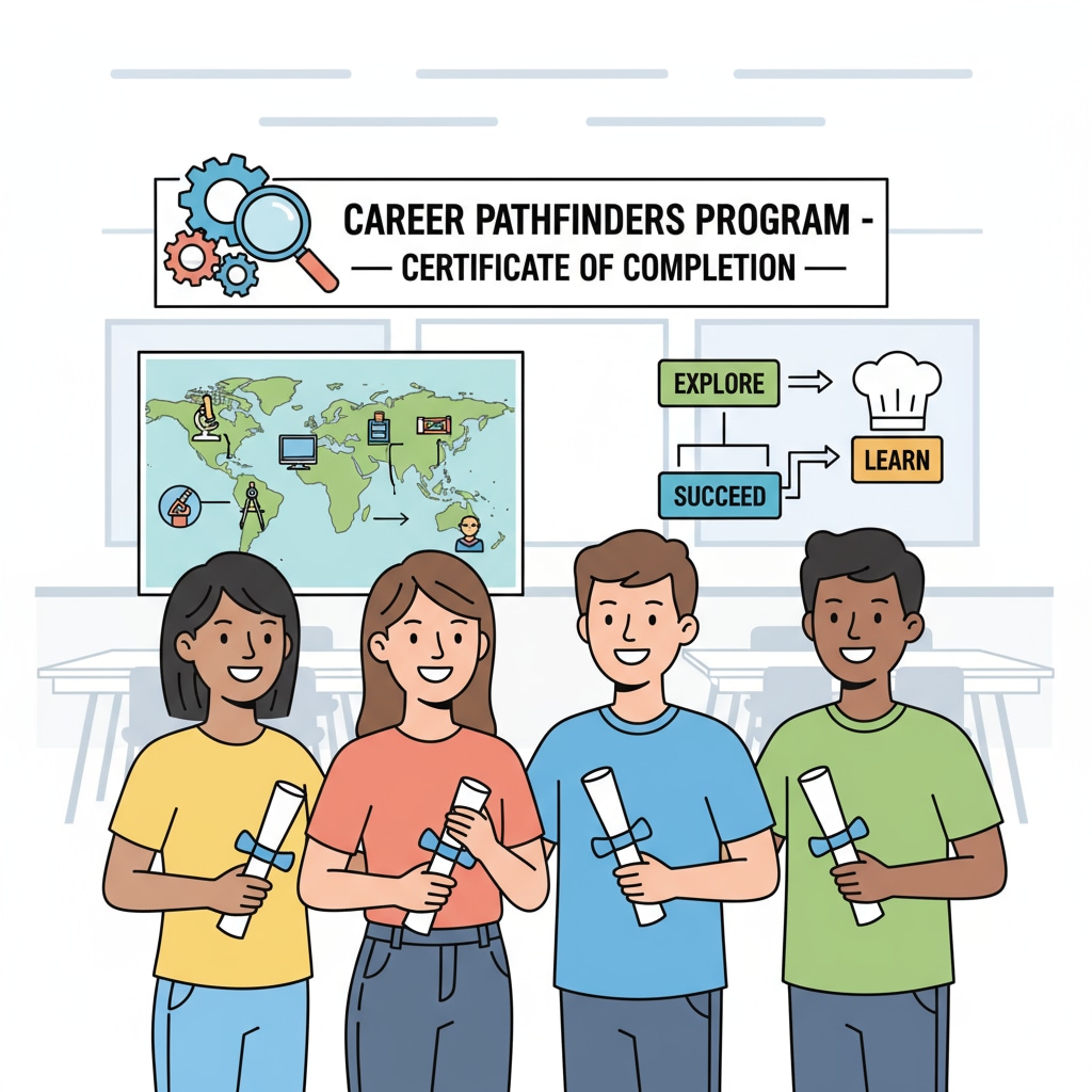 A group of students smiling as they hold certificates after completing a career exploration program. Students celebrating after finding clarity in career choices, balancing high salaries and personal interests.