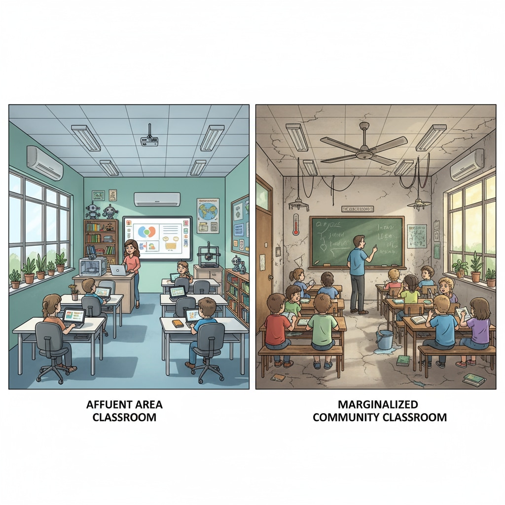 Infrastructure differences between classrooms in affluent and marginalized communities related to extreme heat and educational inequality.