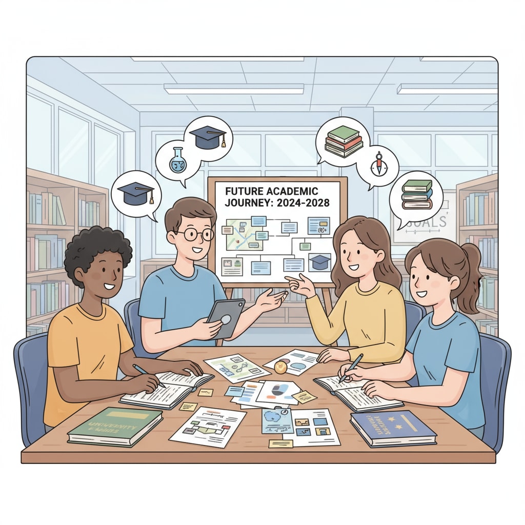 A group of students is engaged in a discussion about their future academic plans, with books and papers scattered on the table. Students discussing early entry to college