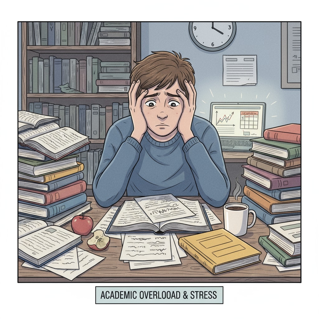 A student is seen looking worried while surrounded by books and papers, indicating stress from the academic load. Stressed student considering early college entry