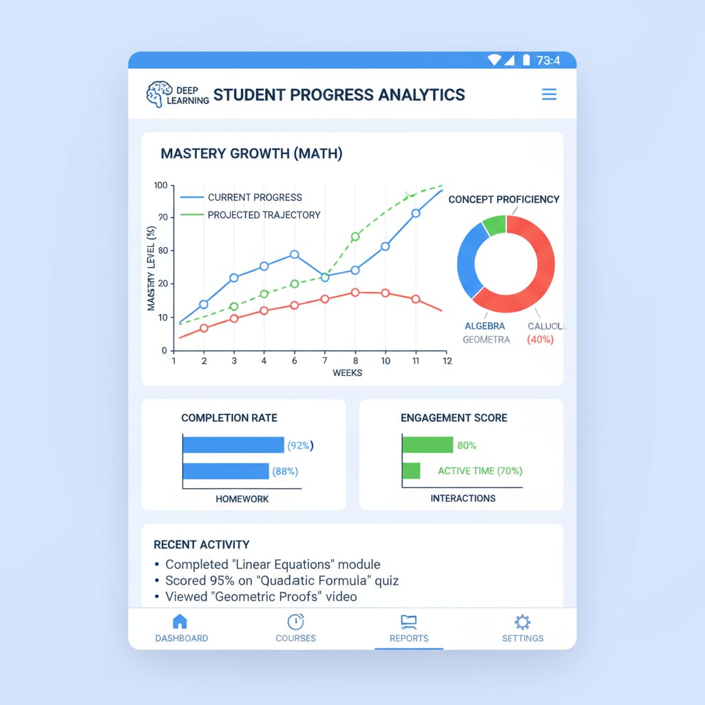 A screenshot of the deep learning tracking interface in the K12 app, showing graphs and data related to student progress Deep learning tracking interface in the K12 app with productivity applications, AI feedback, and deep work tracking features