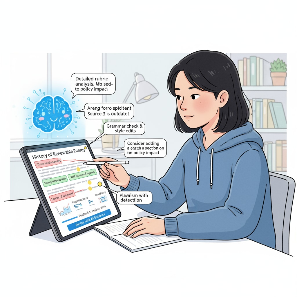 A visual representation of the AI feedback feature, with a student receiving detailed feedback on an assignment AI feedback feature in the K12 app demonstrating productivity applications, AI feedback, and deep work tracking