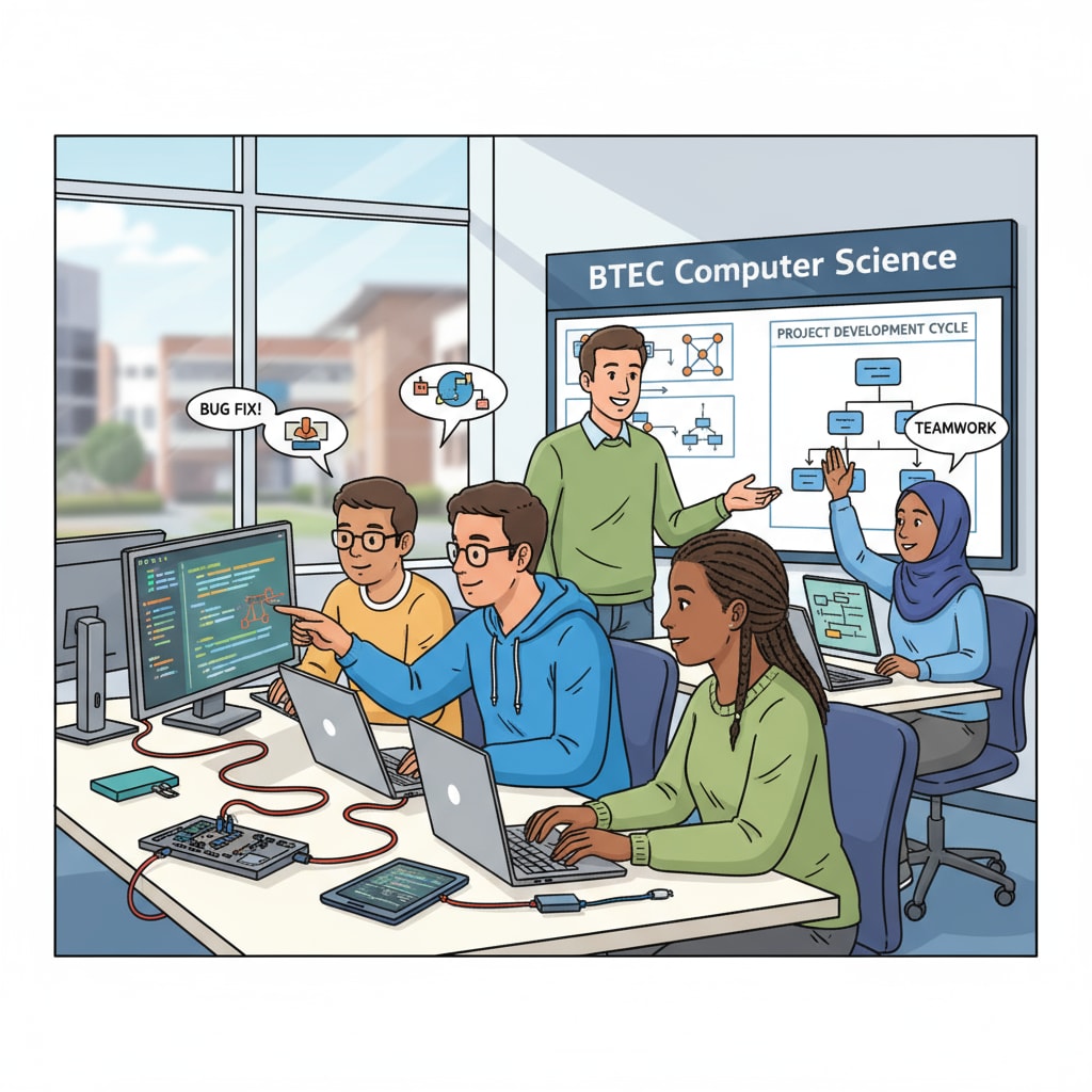 A group of students collaborating on computer projects, which is a common activity in BTEC Computer Science courses. Students working on BTEC Computer Science projects for practical skills development