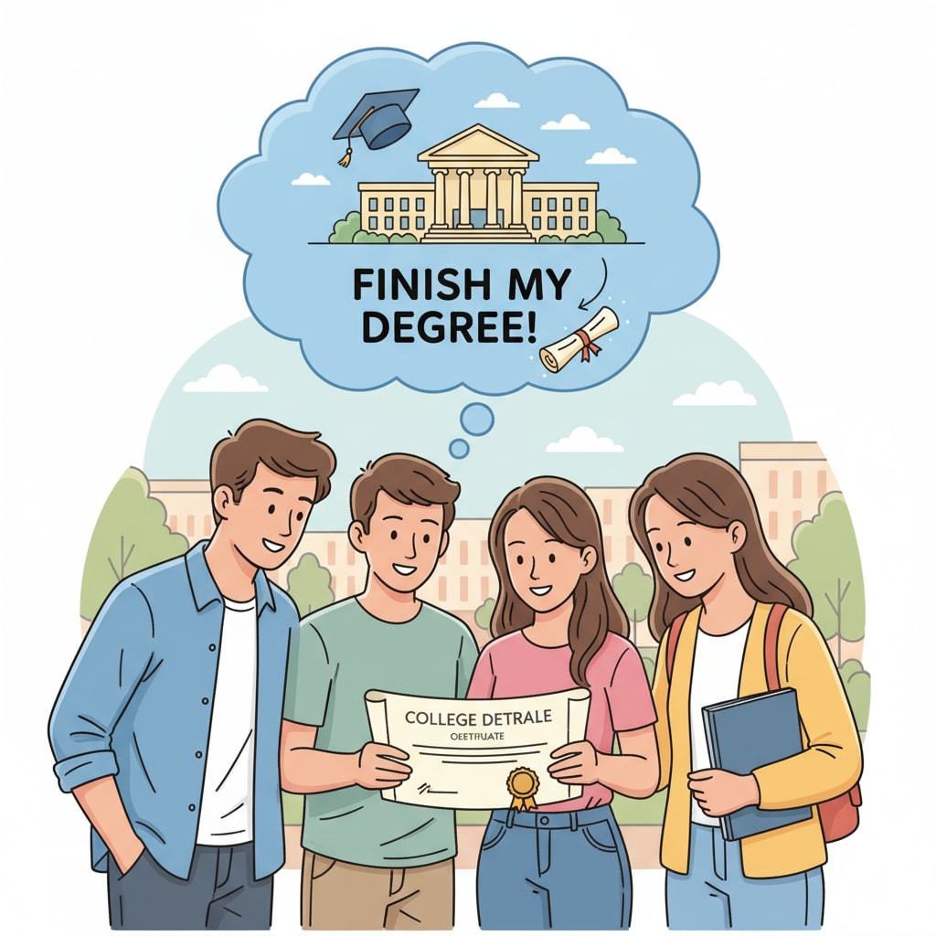 A group of students is looking at a college degree certificate, with a thought bubble above their heads showing their aspiration to complete their studies. This represents the hope and goal of those with incomplete degrees. Students with incomplete degrees thinking about completing their studies and using university credits