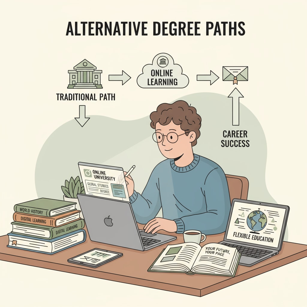 A person is sitting at a desk, focused on studying an online degree program. There are books and a laptop in front of them, indicating the flexibility of alternative degree paths. Person exploring alternative degree paths through an online program while dealing with incomplete degree and university credits situation