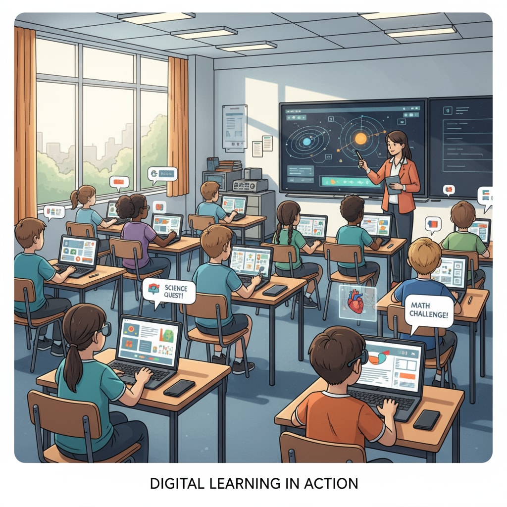 A group of students are engaged in using digital educational tools in a classroom setting, showing the application of educational tools in real learning scenarios. Students using educational tools in a classroom related to ELIBRAIN user experiences