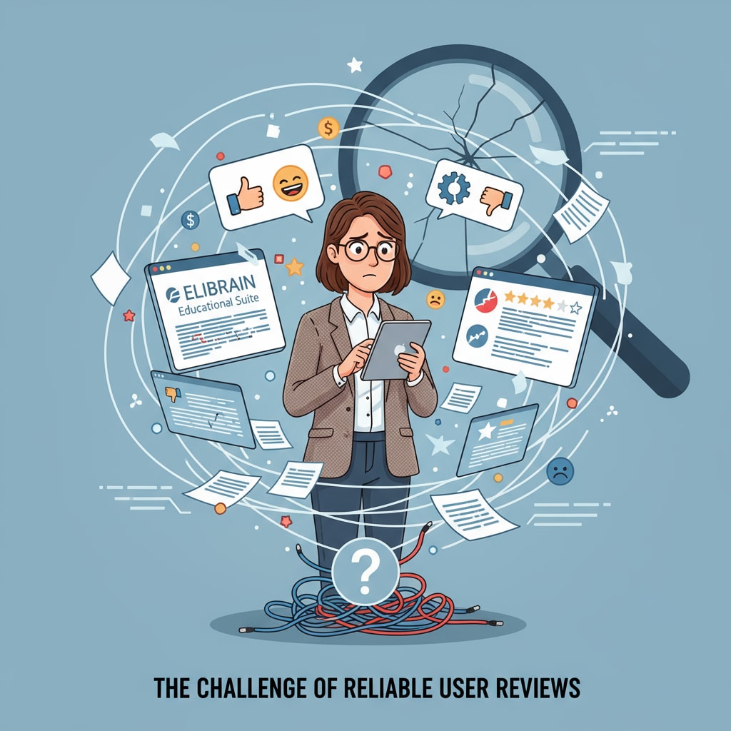 A teacher is looking confused while trying to read scattered online reviews, depicting the challenge of gathering reliable user reviews for educational tools like ELIBRAIN. Teacher confused while reading online reviews relevant to ELIBRAIN educational tool user reviews