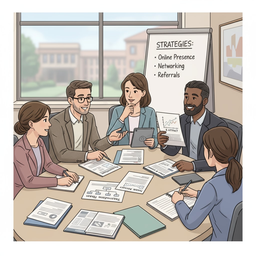 A group of educators sitting around a table, engaged in a discussion about recruitment strategies specifically for private schools. They are looking at documents and sharing ideas to attract the right talent. Educators discussing recruitment strategies for private schools, highlighting the feasibility of recruitment services.