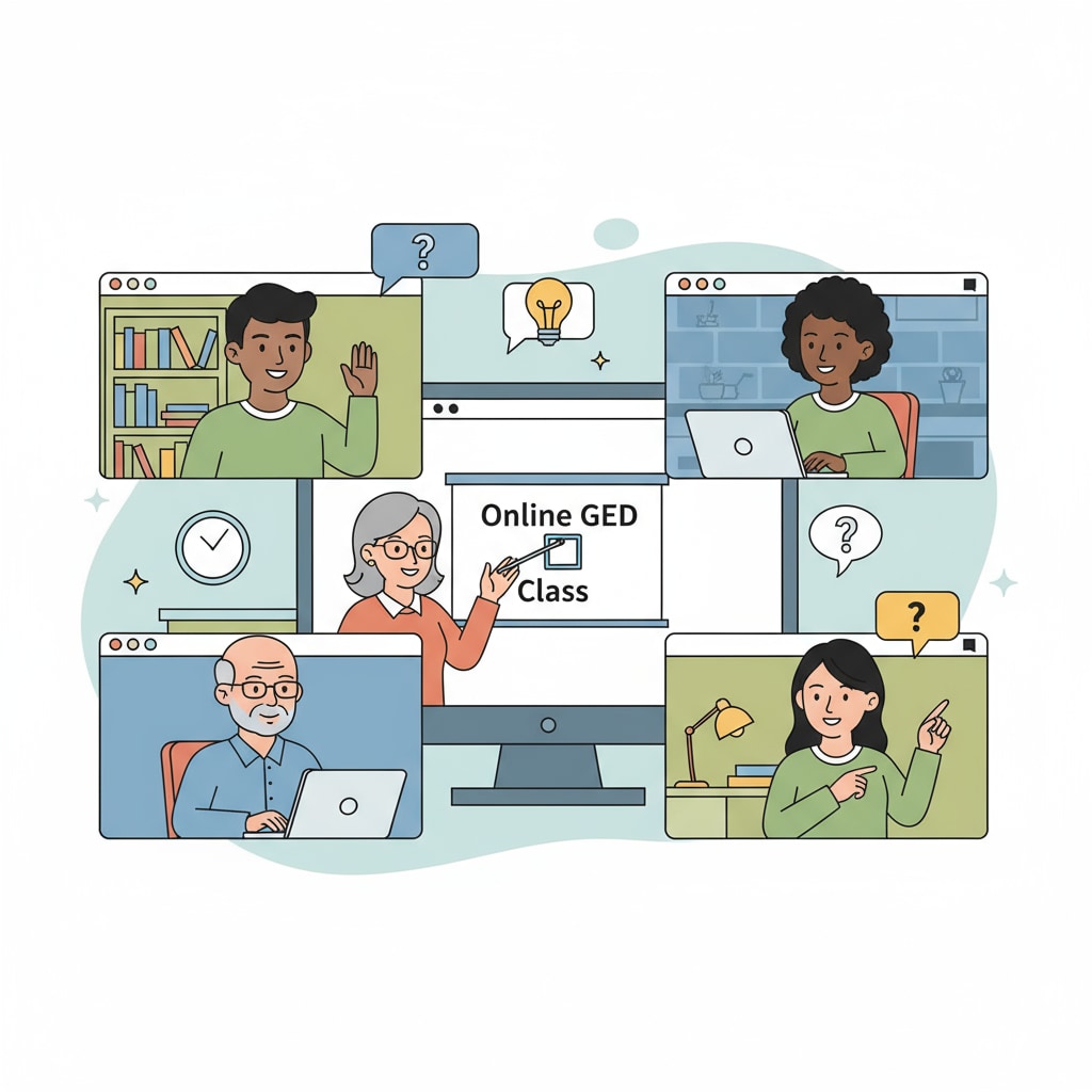 Students are seen actively participating in an online GED class, with their faces visible on screens and engaged in discussions. Students participating in an online GED class