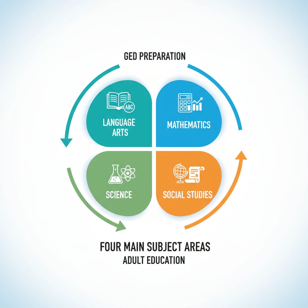 A colorful infographic showing the four main GED subject areas - language arts, mathematics, science, and social studies. Visual representation of GED subject areas