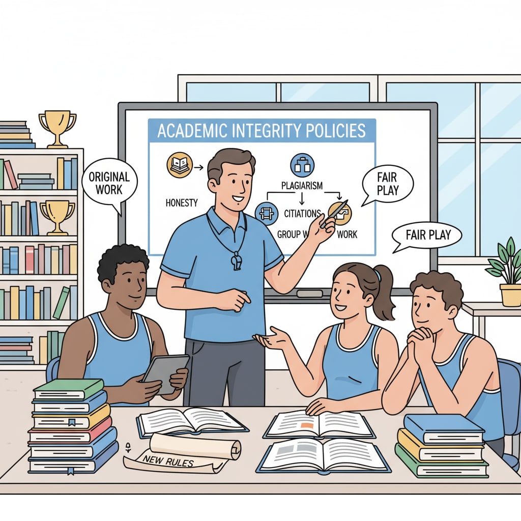 A group of sports team members are having a discussion with their coach about new academic integrity rules. Sports team discussing academic integrity regulations related to AI detection