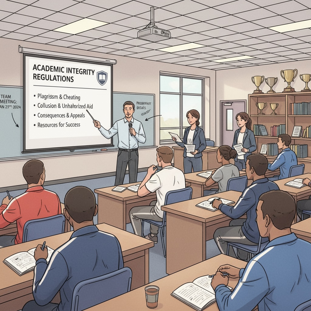 The coach is using a presentation to explain the details of the new academic integrity regulations to the team. Coach explaining academic integrity regulations for preventing AI cheating to sports team