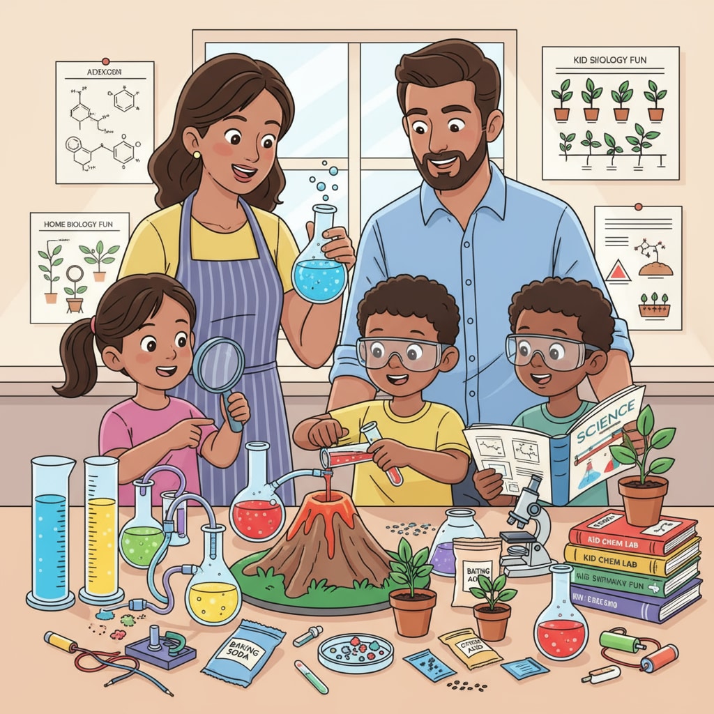 A family is conducting a simple science experiment at home. They have various colorful materials laid out on a table, showing their enthusiasm for exploring science together. Family engaged in a home science experiment