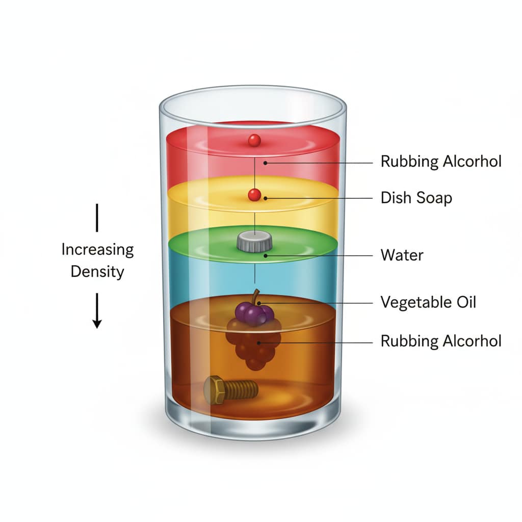 A clear glass is filled with different colored liquid layers, creating a beautiful density tower. This visual representation helps in understanding the concept of density. Density tower experiment setup