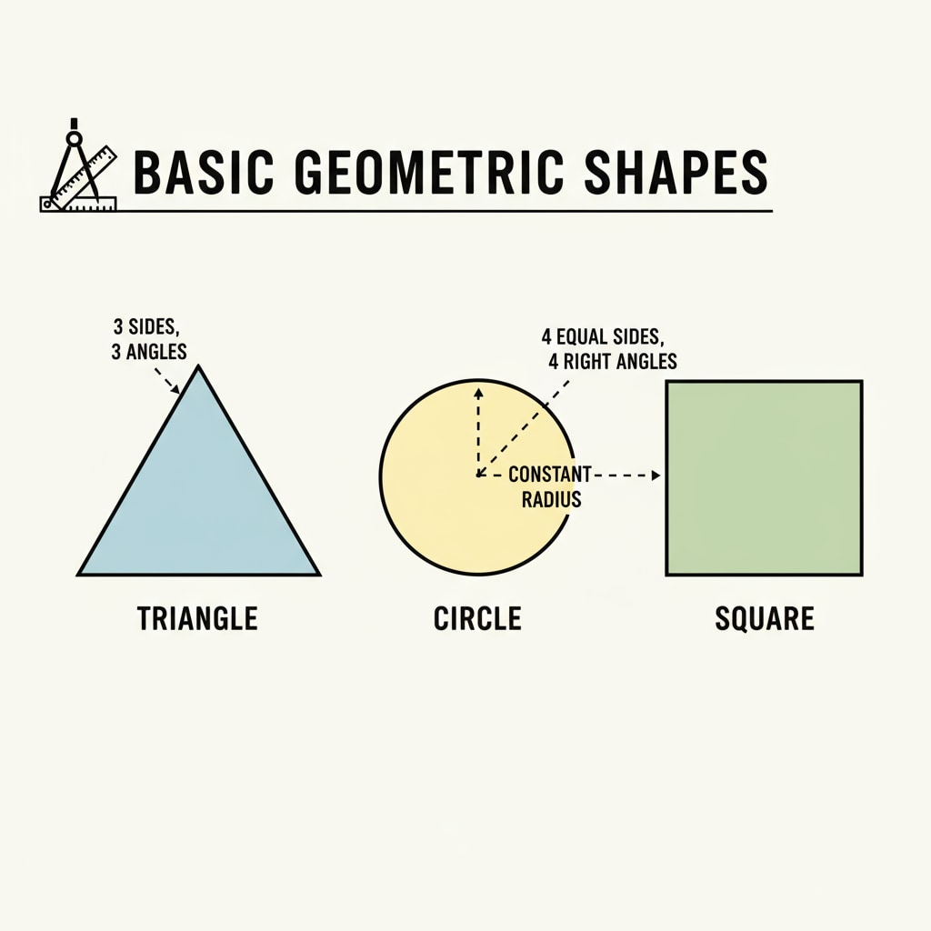 A simple diagram displays basic geometric shapes such as triangles, circles, and squares. Diagram of basic geometric shapes relevant to American high school geometry curriculum