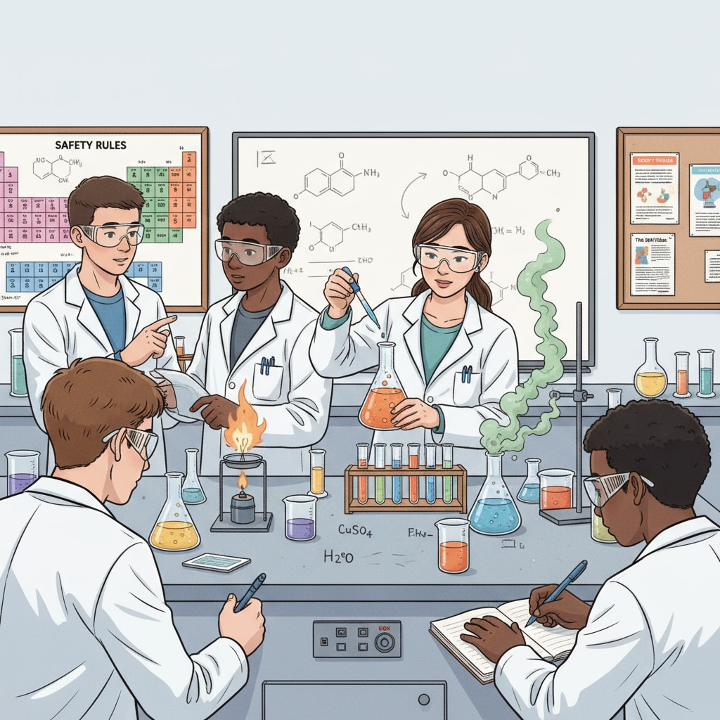 A group of high school students are conducting a chemistry experiment in a laboratory, showing their enthusiasm and focus in scientific exploration. High school students conducting chemistry research related to topic selection