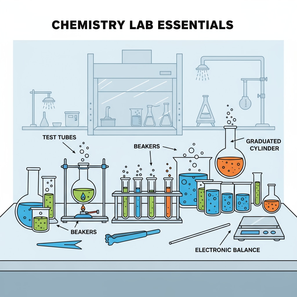 Laboratory equipment such as test tubes, beakers, and burners, which are essential tools for high school chemistry research projects. Laboratory equipment for high school chemistry research project topic selection