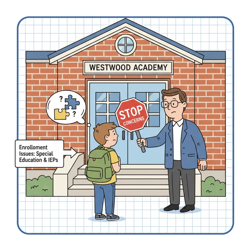An illustration showing a student with a backpack standing at the entrance of a school, looking confused as a school official holds up a stop sign, representing school enrollment rejection related to IEP issues in special education School enrollment rejection due to IEP issues in special education
