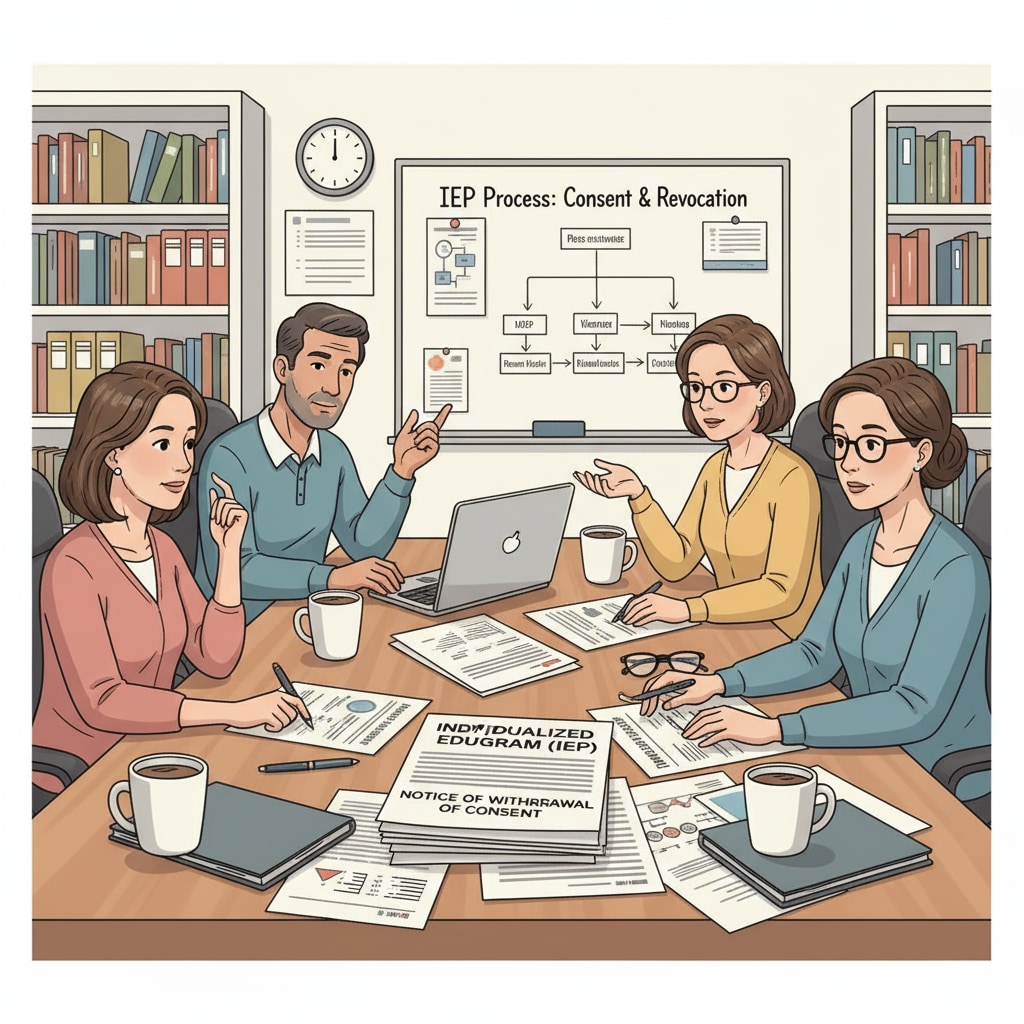 A group of parents sitting around a table, discussing the decision to withdraw consent from an IEP, with papers and documents related to special education in front of them Parents discussing the withdrawal of consent from an IEP in the context of special education