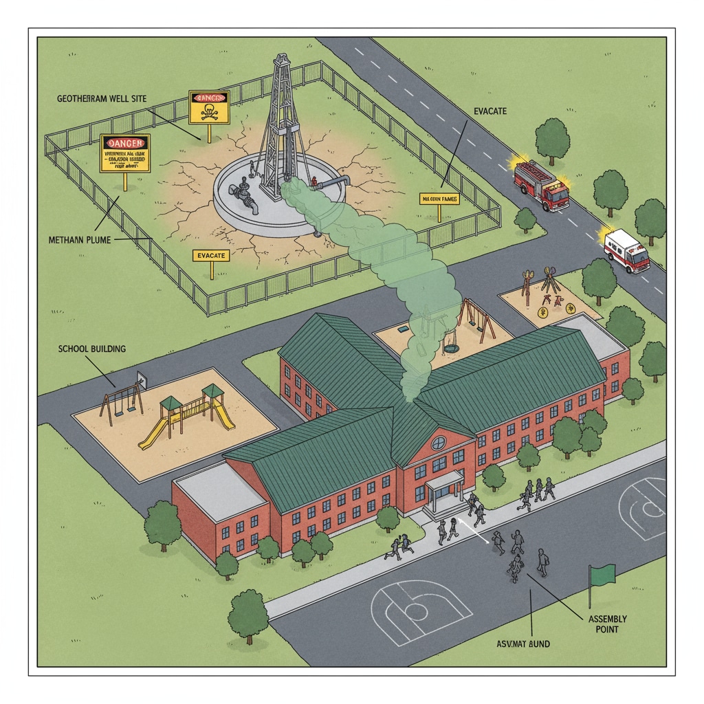 An aerial view shows a school building with a geothermal well site in the background. There are some warning signs around the well, indicating potential methane leakage. This gives an overall view of the situation where the methane leakage incident occurred. Aerial view of a school with a geothermal well showing potential methane leakage