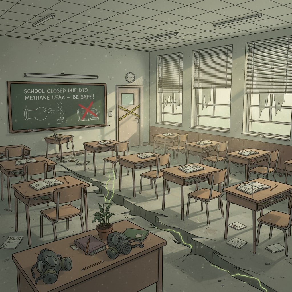 A classroom is depicted with empty desks and chairs. This visual represents the disruption to the normal learning environment caused by school closures due to methane leakage. Empty classroom showing the impact of school closure due to methane leakage