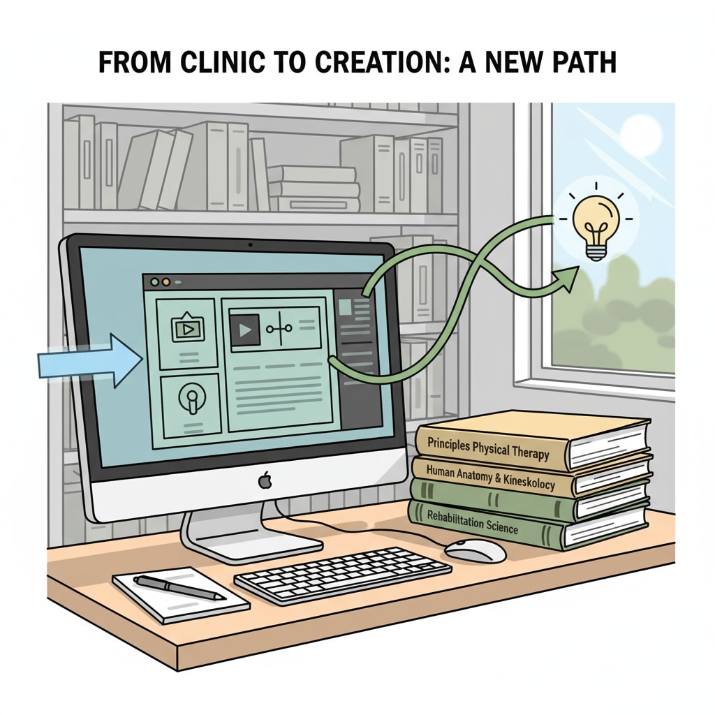 A young person is shown at a desk, with a computer displaying content creation software. Textbooks related to physical therapy are placed nearby, symbolizing the transition from a physical therapy path to content creation. A visual representation of the shift from a physical therapy degree pursuit to content creation.