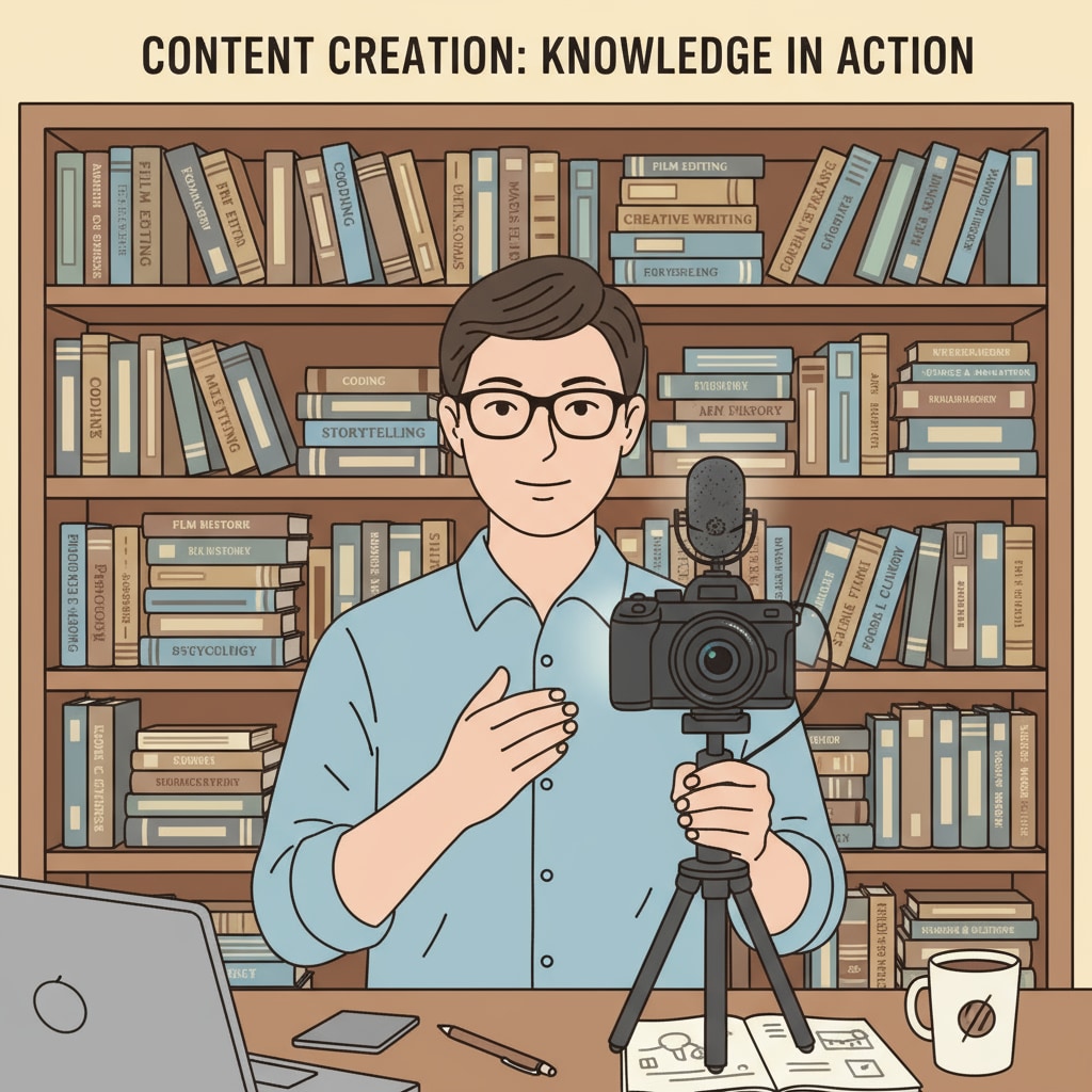 An individual is using a camera to record a video for content creation. The backdrop is a bookshelf filled with books on various topics, emphasizing the creativity and knowledge involved in content creation. A person engaged in the process of content creation, highlighting the new career path after leaving physical therapy studies.