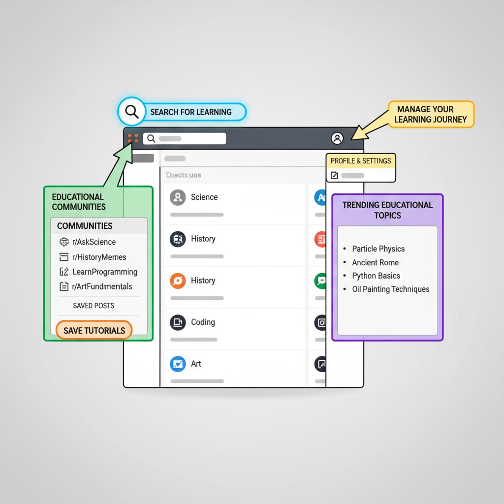 An overview of the Reddit interface with educational sections highlighted. This gives a visual understanding of where educational content can be found on the platform. A view of Reddit's interface showing educational subreddits