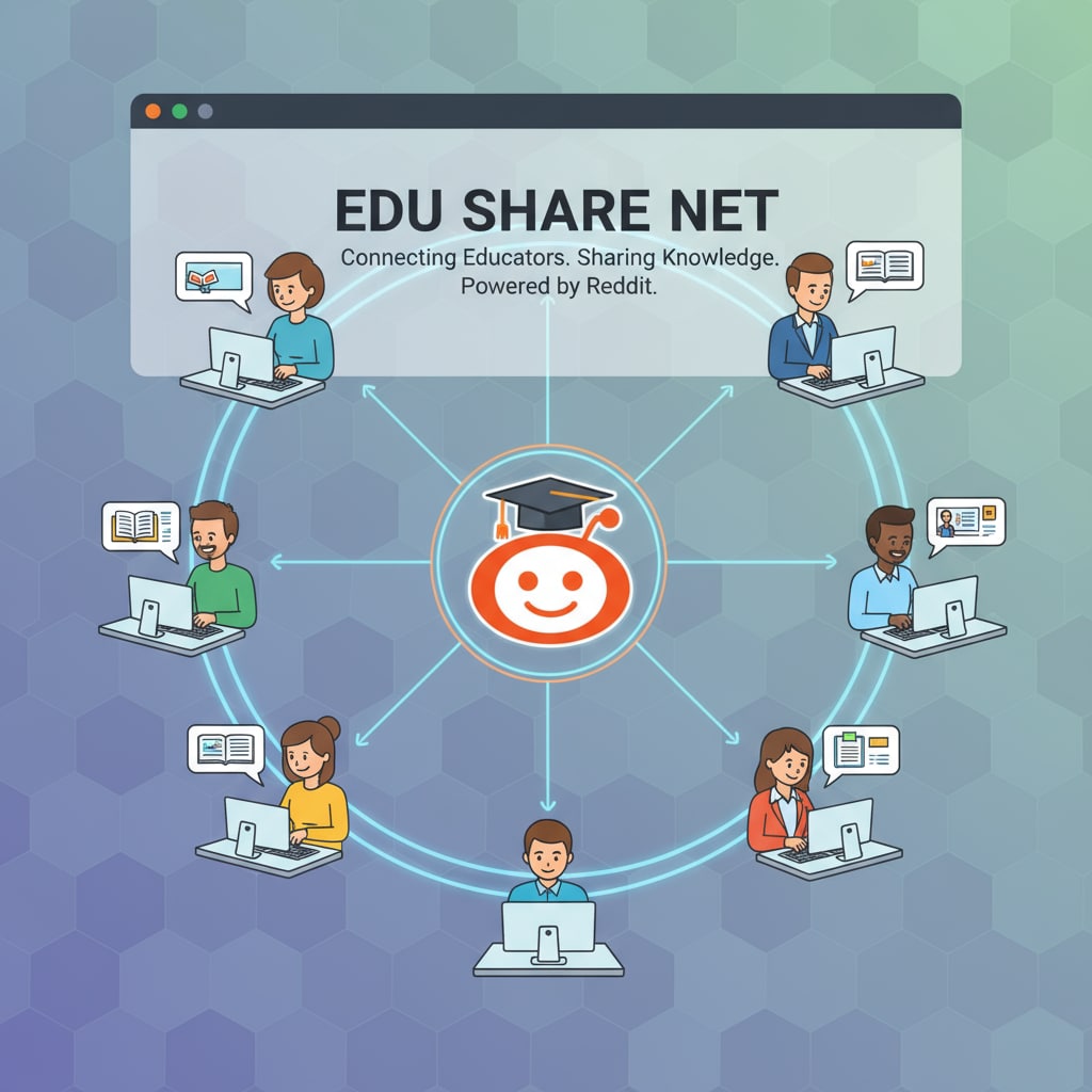 A visual representation of teachers sharing resources on a virtual platform, emphasizing the concept of resource sharing within the educational community on Reddit. Teachers sharing educational resources on a virtual platform