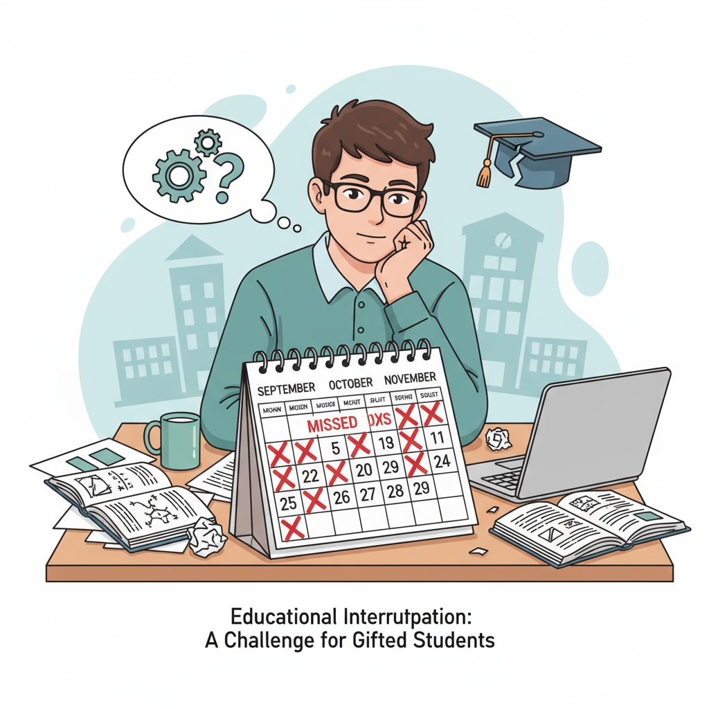 A student is sitting at a desk, looking at a calendar where missed school days are marked. This represents the educational interruption a high - IQ student might face. High - IQ student facing educational interruption looking at a calendar