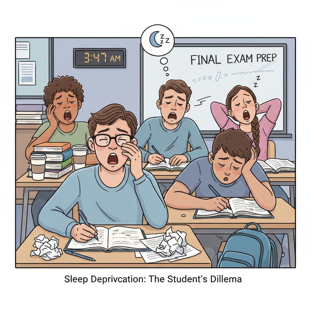 A group of tired students yawning in the classroom, showing the signs of sleep deprivation. Tired students in classroom due to sleep deprivation and school pressure affecting mental health.