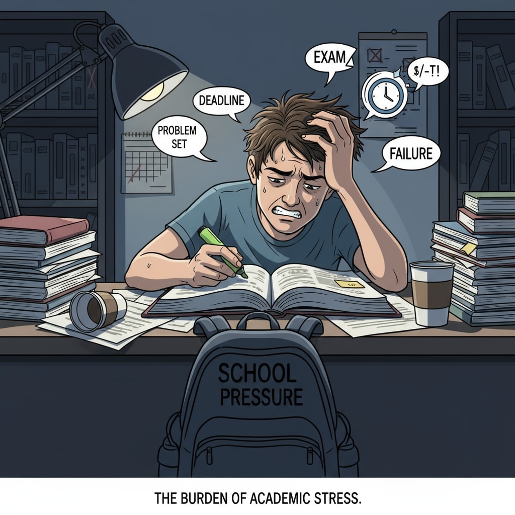 A student looking stressed while studying at a desk, highlighting the impact of school pressure on students. Stressed student studying at desk due to school pressure related to sleep and mental health.