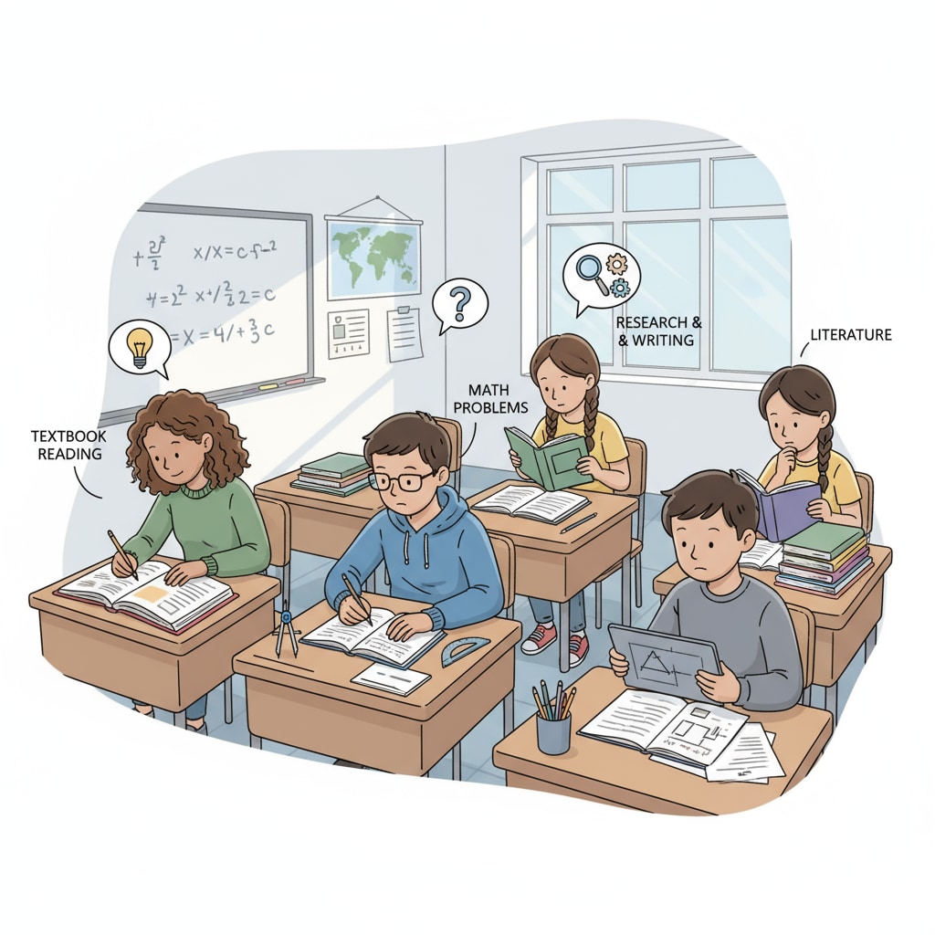 A group of students sitting at desks, some looking at textbooks and writing, engaged in doing homework Students doing homework, part of the homework debate for students